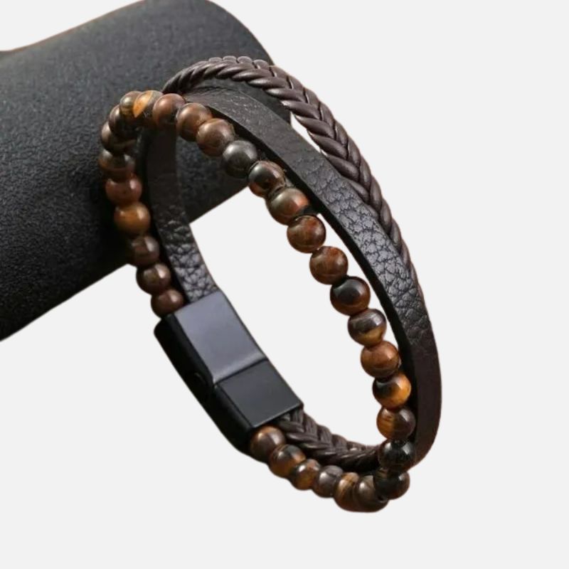 Bracelet Homme Oeil de Tigre Simili Cuir Noir