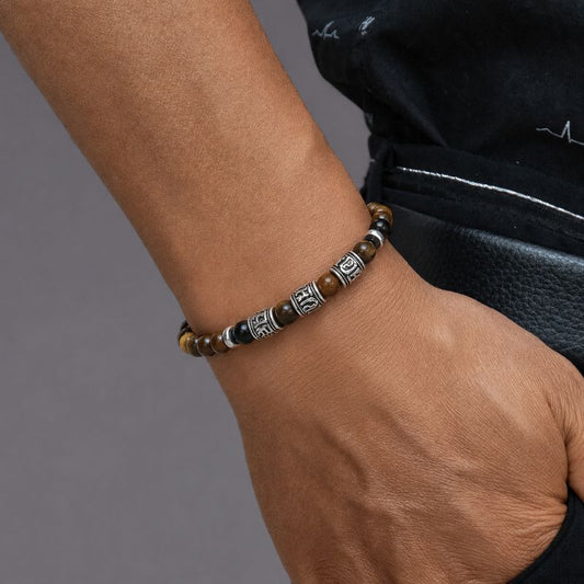Bracelet Homme Œil de Tigre Perles Tubes Gravés