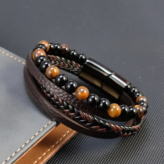 Bracelet Homme Oeil de Tigre Simili Cuir Multi-Rangs