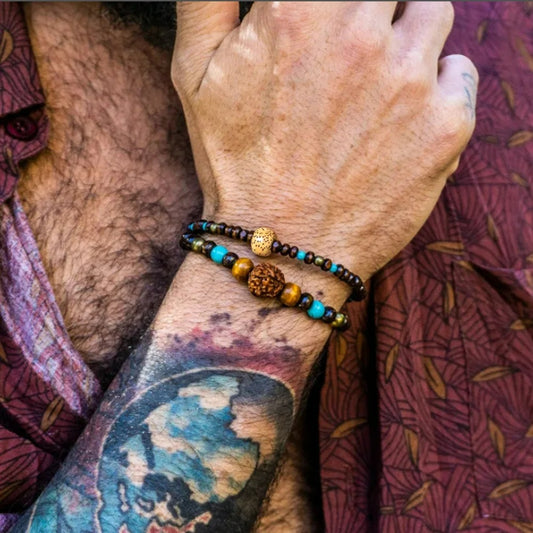 Bracelet Homme Perle Bois Turquoise Duo