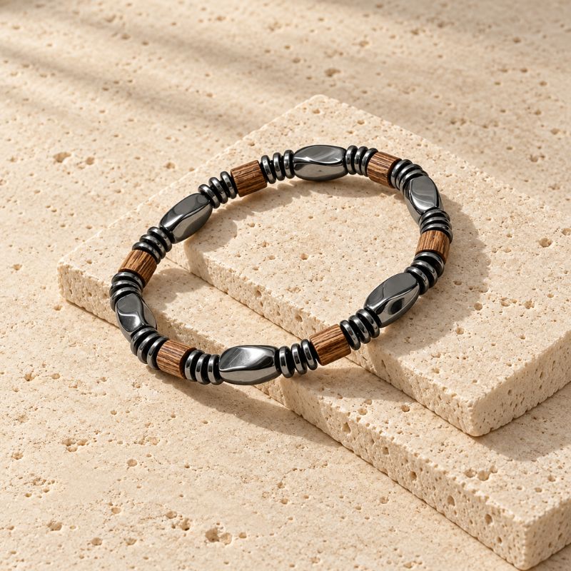 Bracelet Homme Perle Hématite Torsadée Et Bois