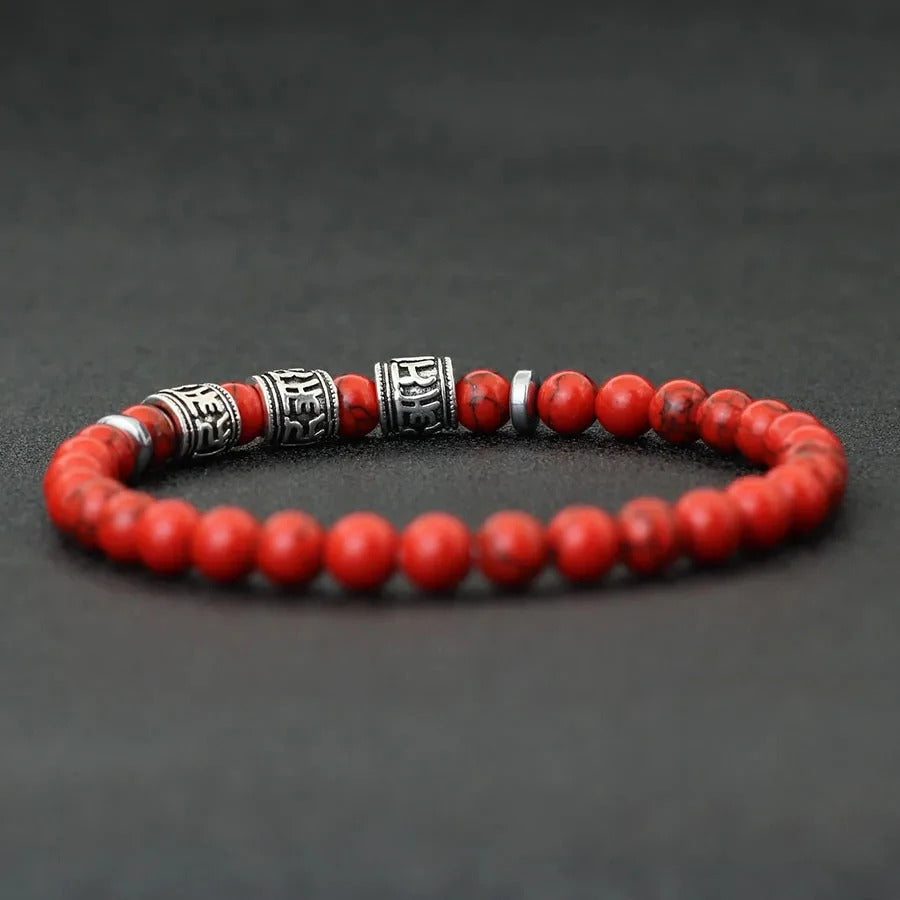 Bracelet Homme Perle Howlite Rouge Motifs Tibétains