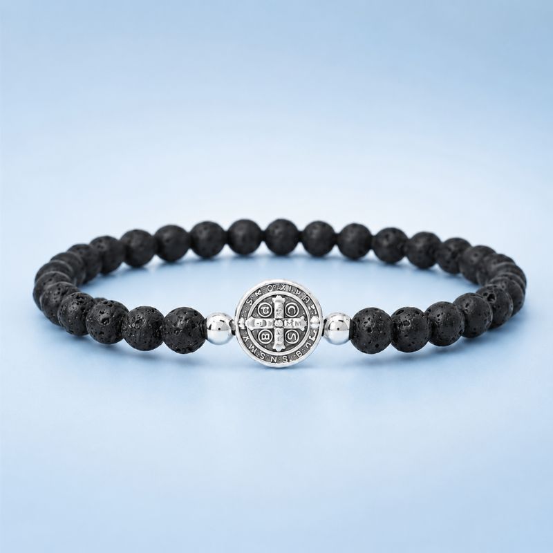 Bracelet Homme Perle Lave Médaille Croix