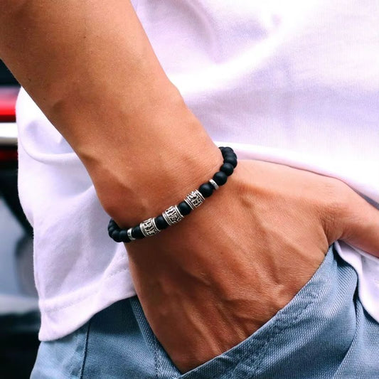 Bracelet Homme Perle Pierre de Lave Noire Élastique
