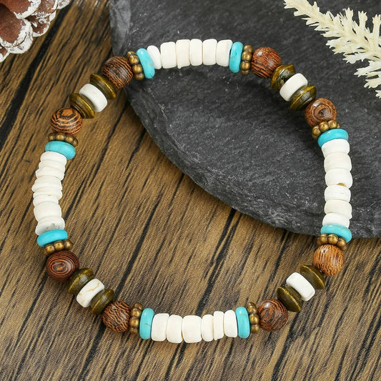 Bracelet Homme Perles Bois Pierre Turquoise