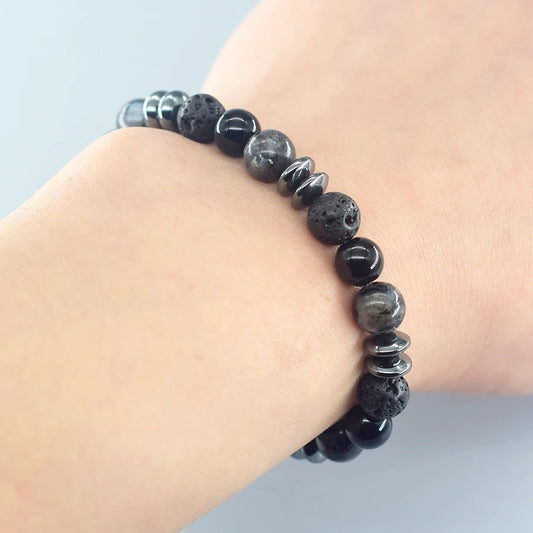 Bracelet Homme Perles Noires Labradorite Lave