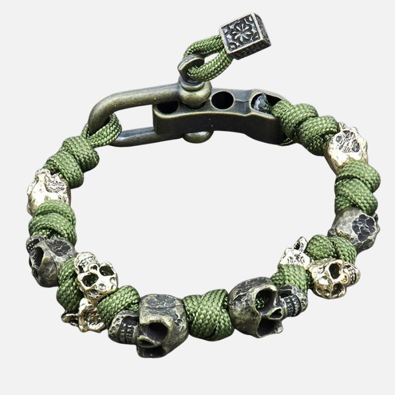 Bracelet Homme Tête de Mort et Corde Verte Réglable