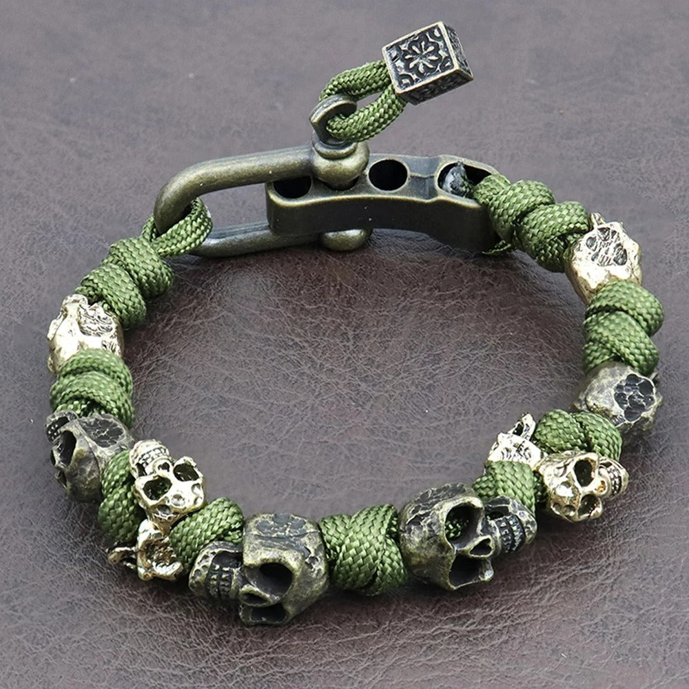 Bracelet Homme Tête de Mort et Corde Verte Réglable
