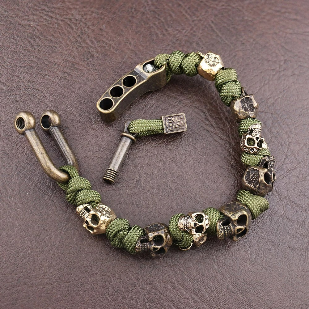 Bracelet Homme Tête de Mort et Corde Verte Réglable