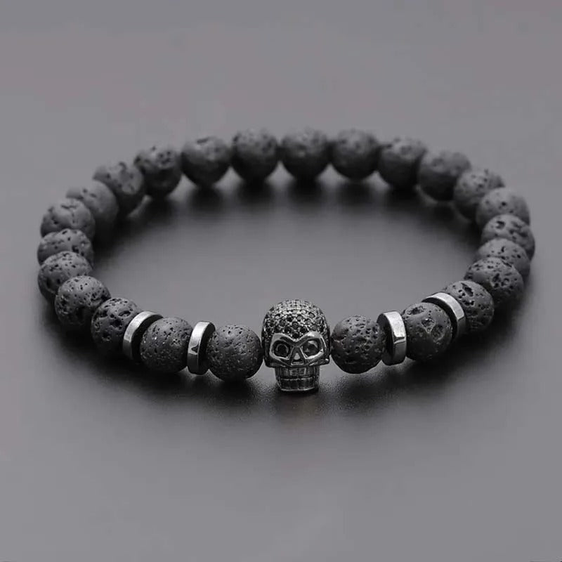 Bracelet Homme Tête de Mort Pierre de Lave