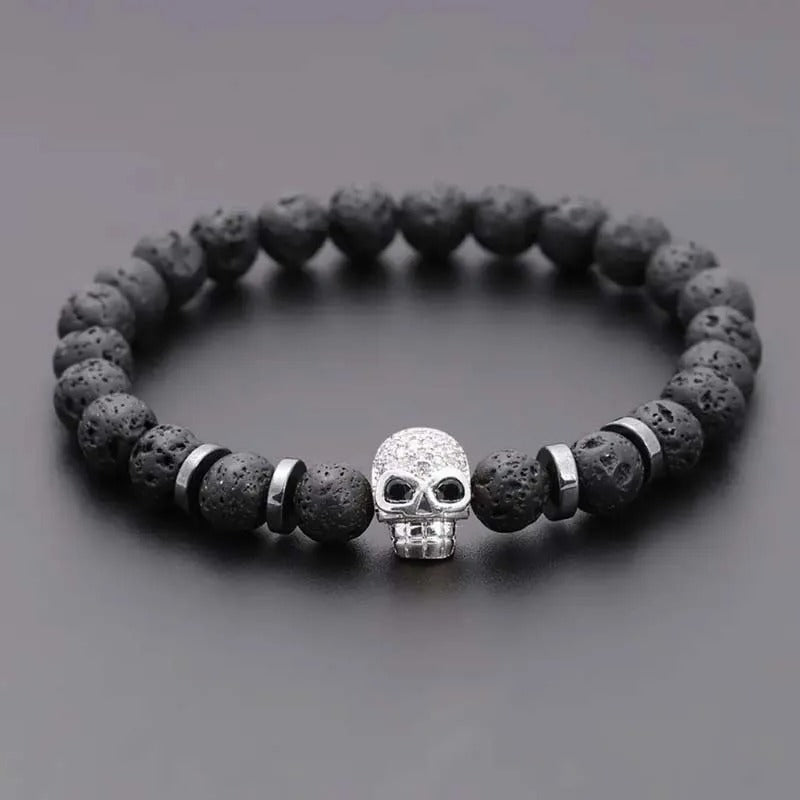 Bracelet Homme Tête de Mort Pierre de Lave