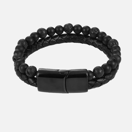 Bracelet homme tressé Perles Noires Double Rang