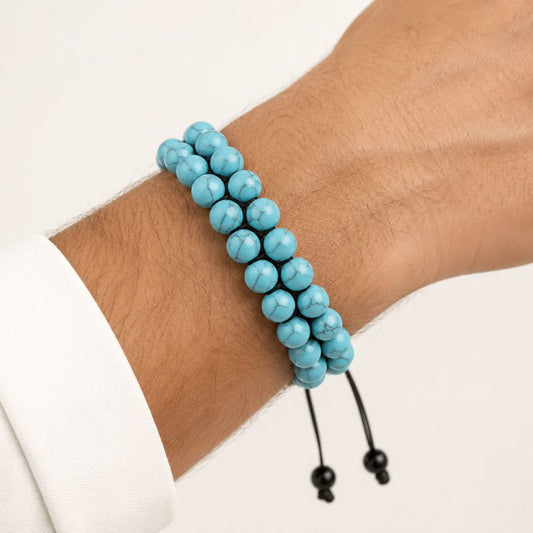 Bracelet Homme Turquoise Double Rang Cordon Réglable