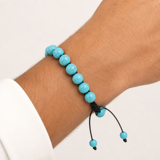 Bracelet Homme Turquoise Perles Rondes Cordon Coulissant