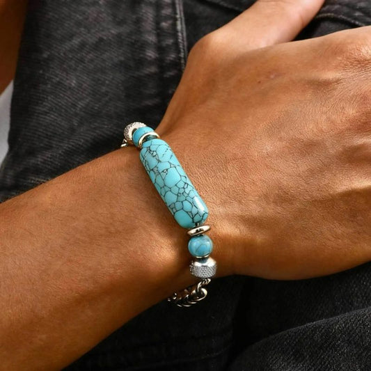 Bracelet Homme Turquoise Pierre Plate Chaine Acier Inoxydable