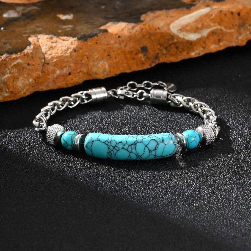Bracelet Homme Turquoise Pierre Plate Chaine Acier Inoxydable