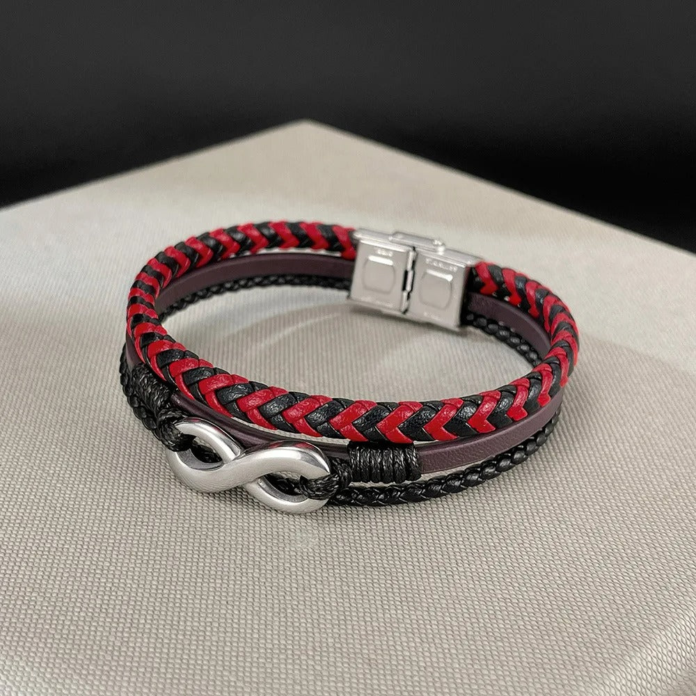 Bracelet Infini Homme Cuir Rouge Noir