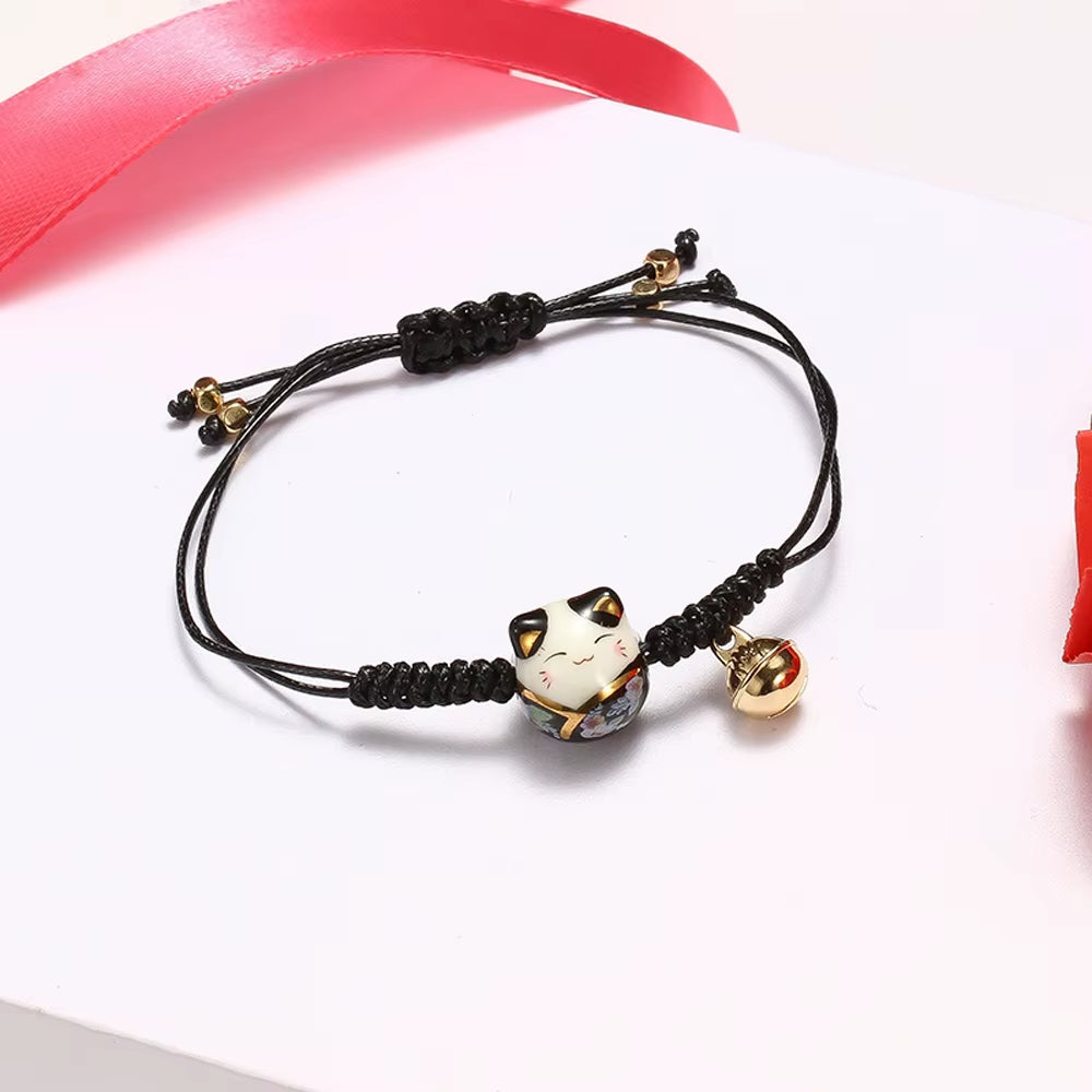 Bracelet Japonais Maneki Neko Tressé à Grelot