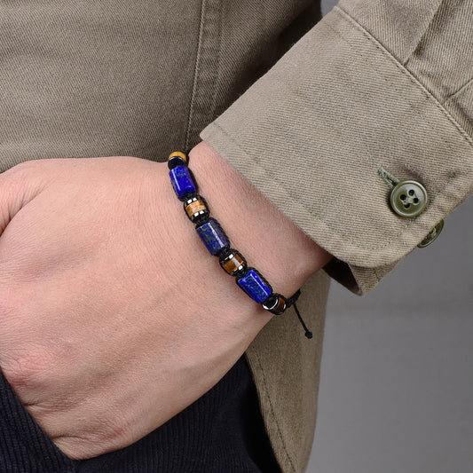 Bracelet Lapis Lazuli Homme Œil de Tigre Cordon