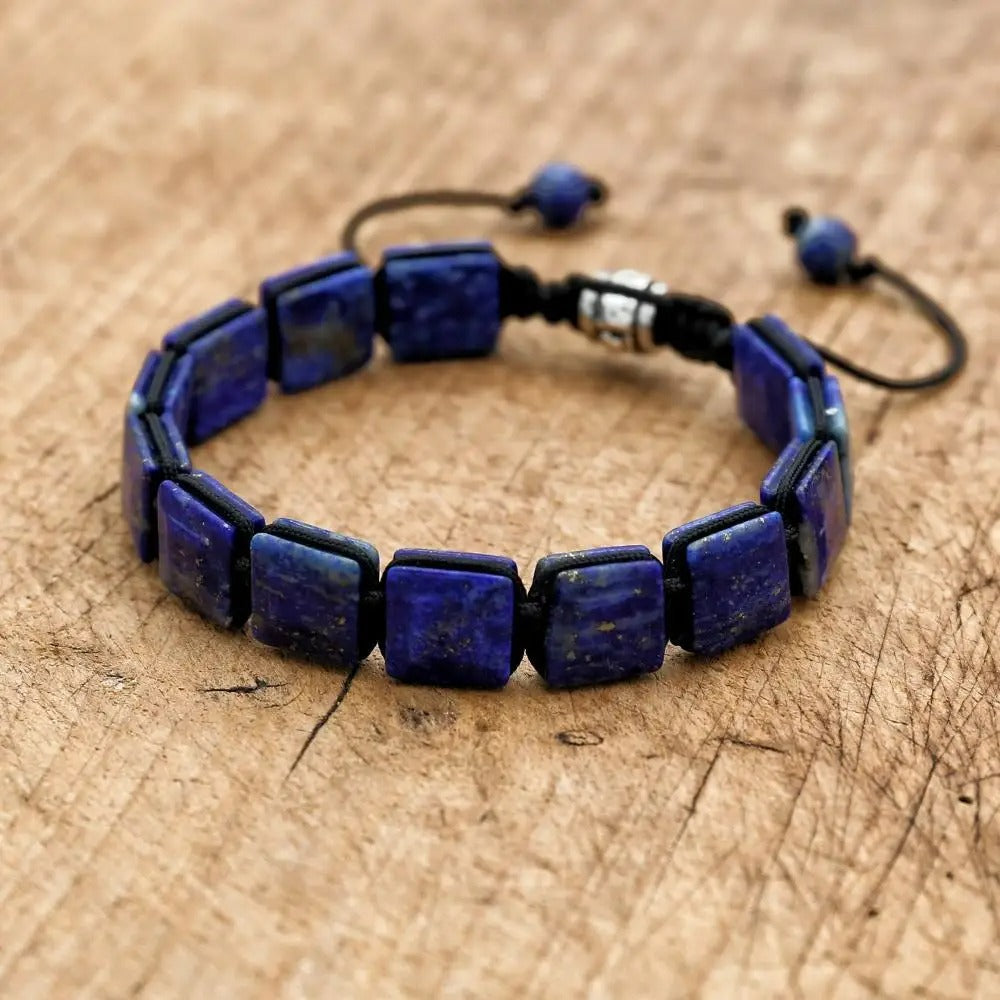 Bracelet Lapis Lazuli Homme Plaquettes Carrées Cordon