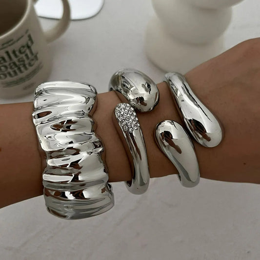 Bracelet Large Femme Argenté Sculptural – Lot de 3