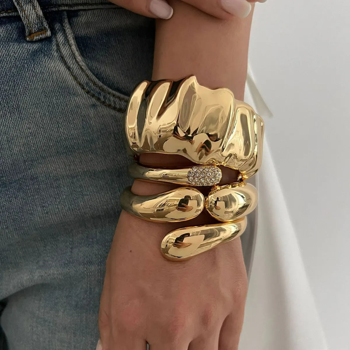 Bracelet Large Femme Doré Sculptural – Lot de 3