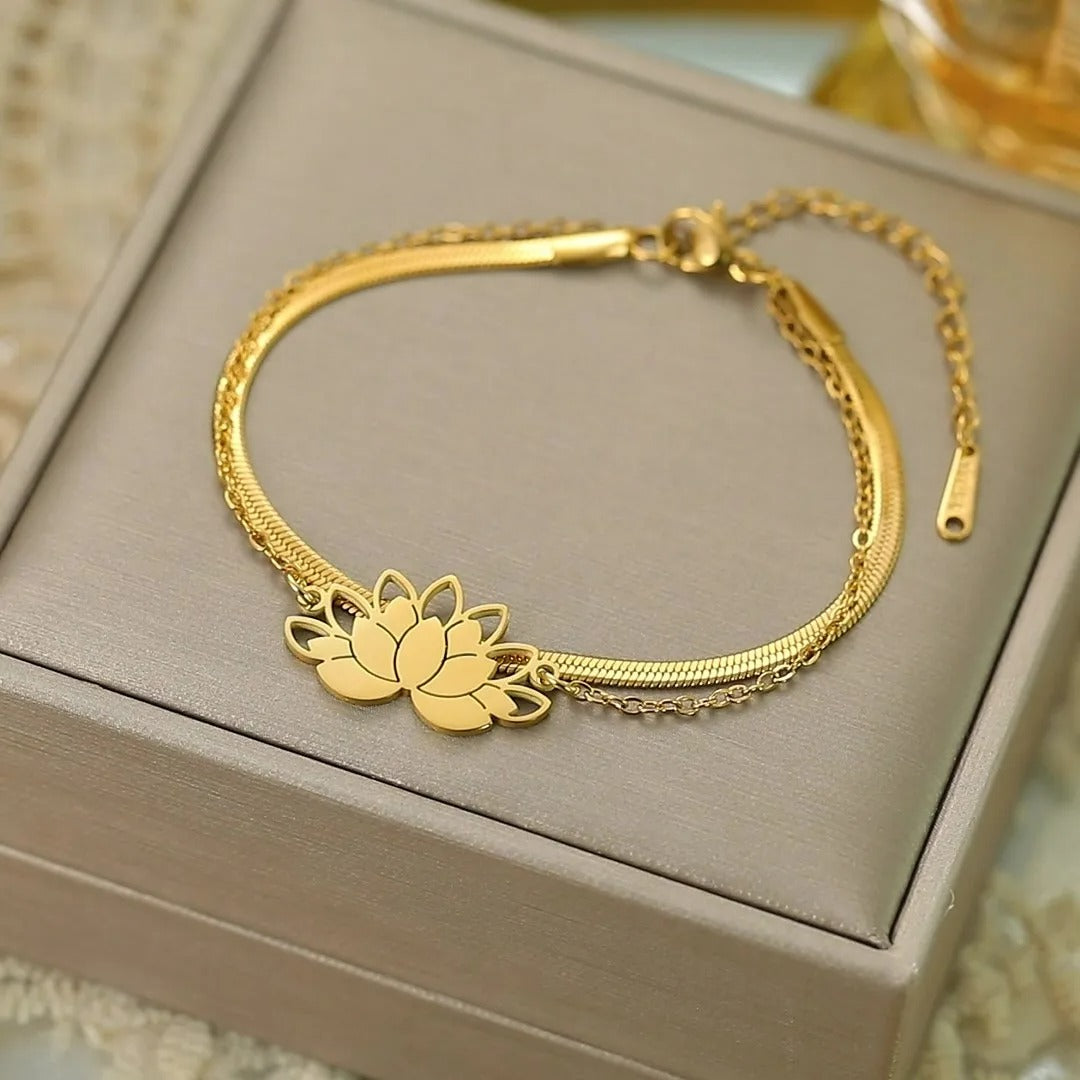 Bracelet Lotus Femme Double Chaîne Acier Inoxydable