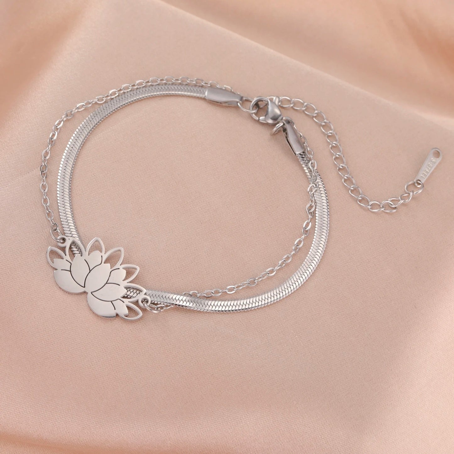 Bracelet Lotus Femme Double Chaîne Acier Inoxydable