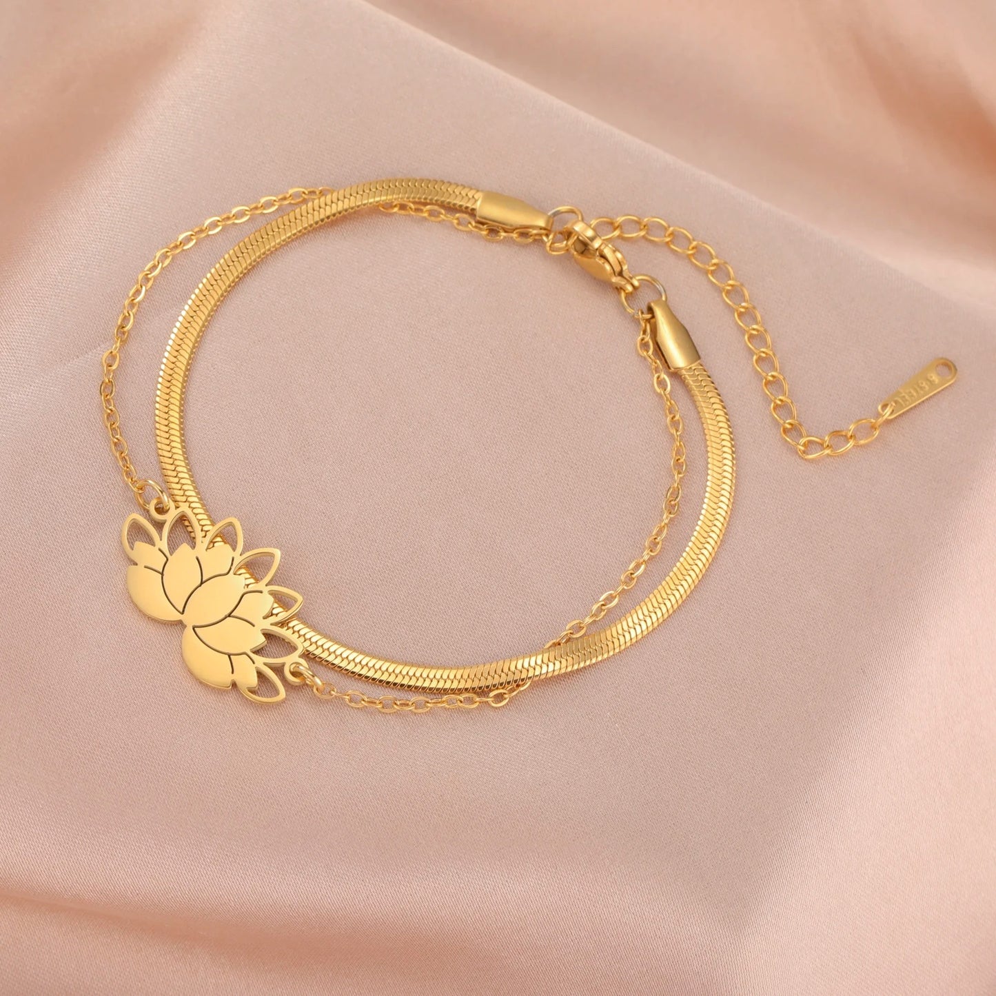 Bracelet Lotus Femme Double Chaîne Acier Inoxydable