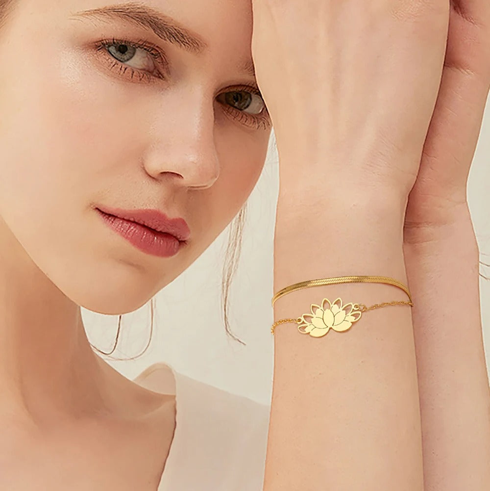 Bracelet Lotus Femme Double Chaîne Acier Inoxydable