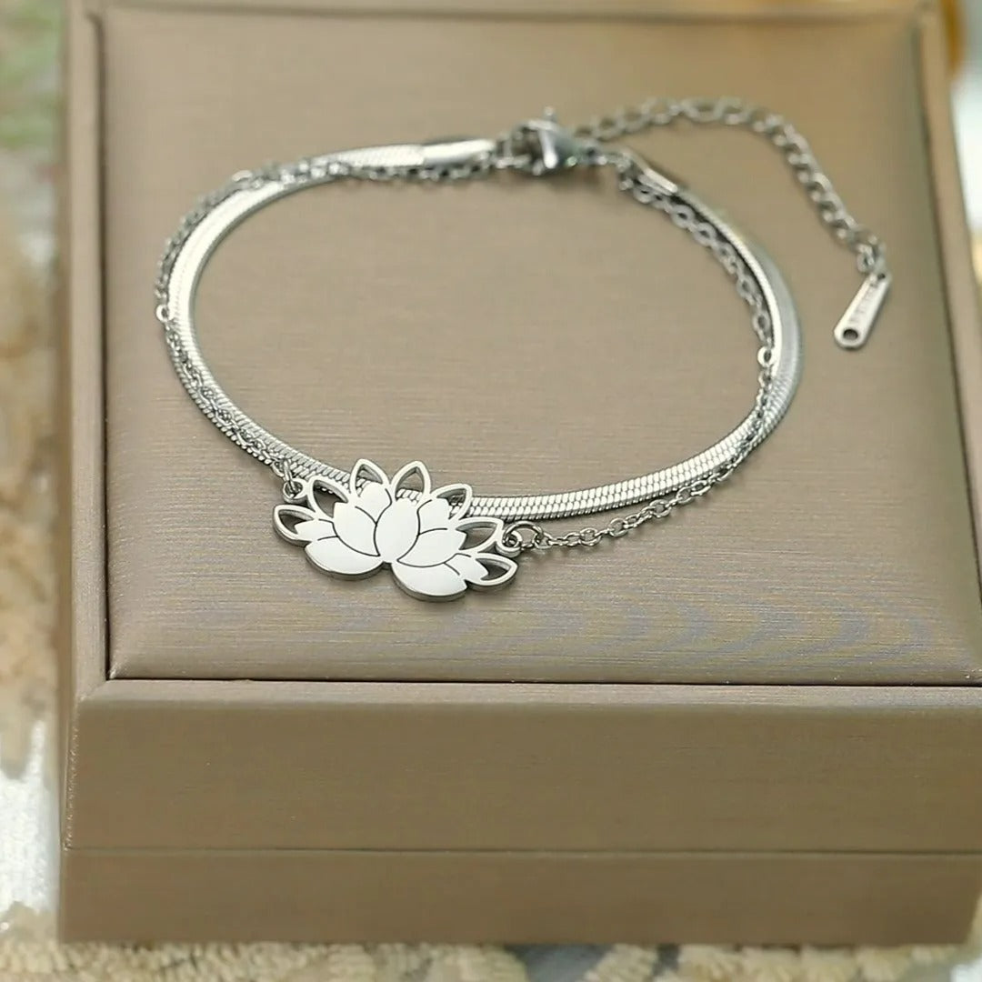 Bracelet Lotus Femme Double Chaîne Acier Inoxydable