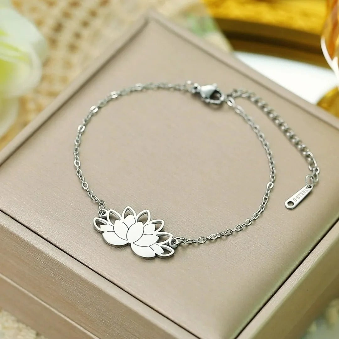 Bracelet Lotus Femme Fin En Acier Inoxydable Porte-Bonheur