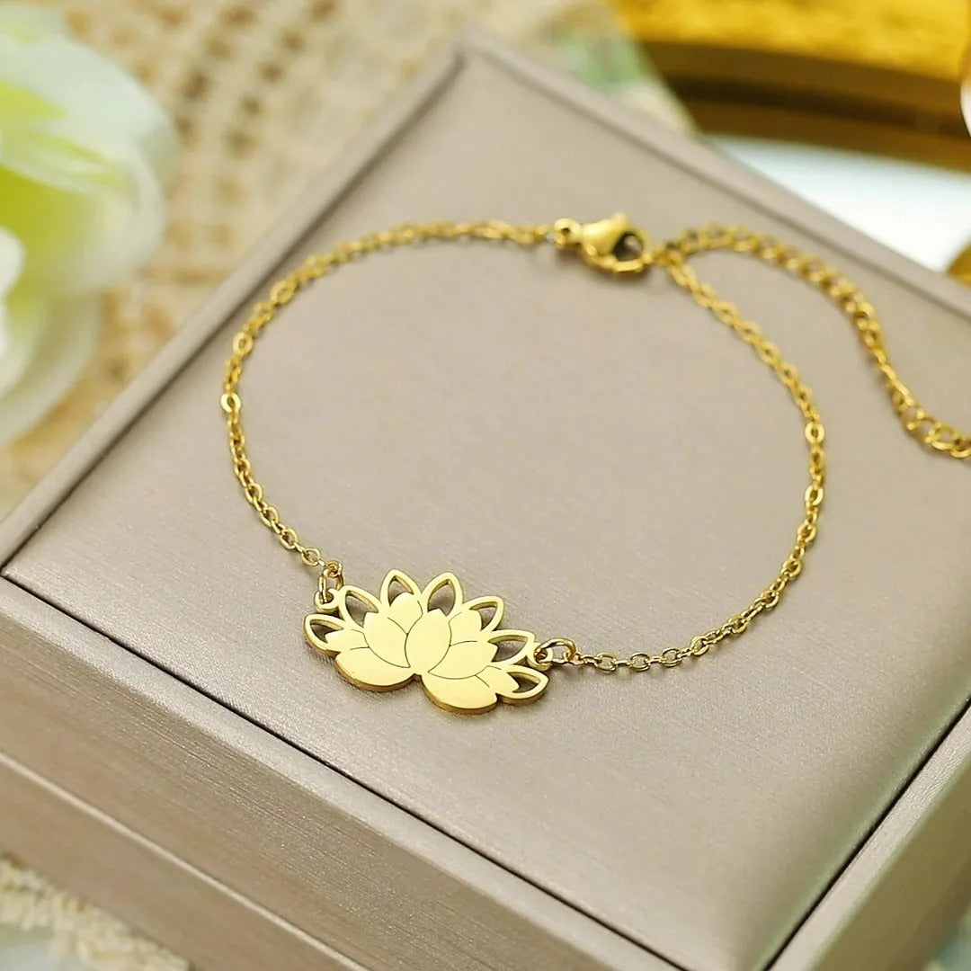 Bracelet Lotus Femme Fin En Acier Inoxydable Porte-Bonheur