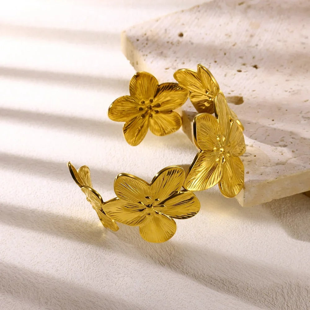 Bracelet Manchette Femme Fleur Doré – Acier Inoxydable