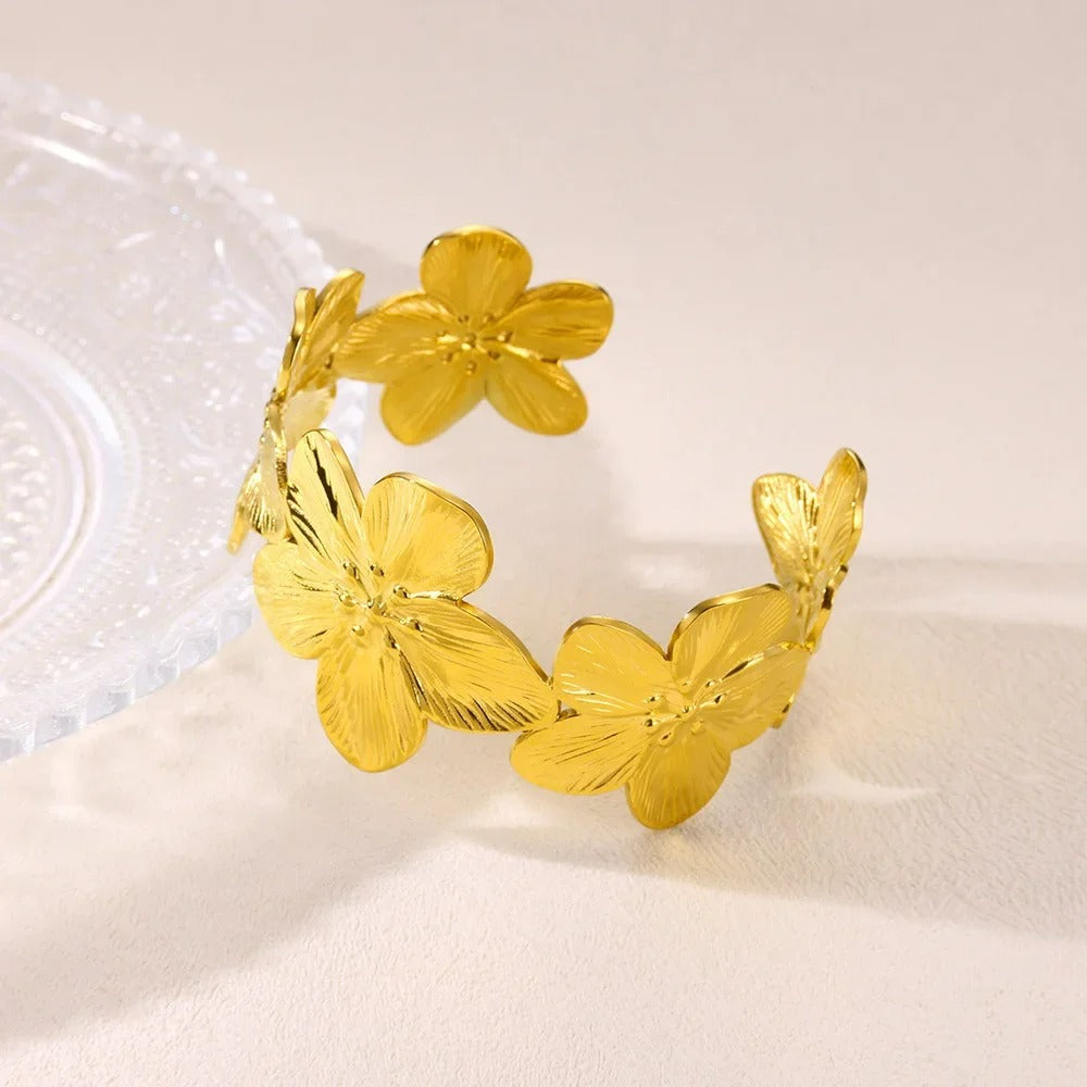 Bracelet Manchette Femme Fleur Doré – Acier Inoxydable