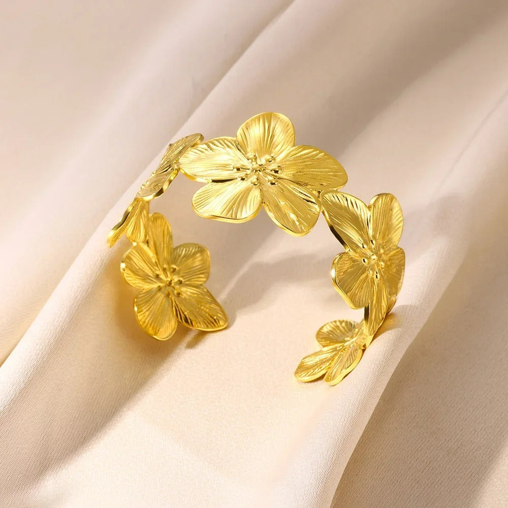 Bracelet Manchette Femme Fleur Doré – Acier Inoxydable