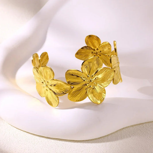 Bracelet Manchette Femme Fleur Doré – Acier Inoxydable