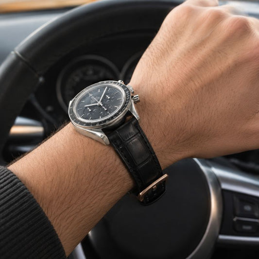 Bracelet Montre Cuir Homme Façon Croco Boucle Dorée