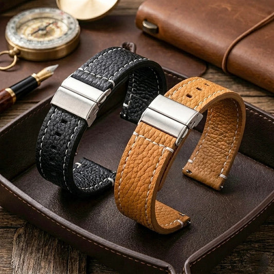 Bracelet Montre Cuir Homme Grainé Surpiqûre Blanche