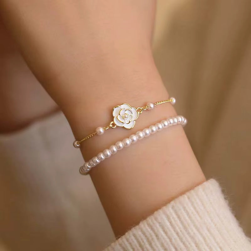 Bracelet Perle Blanche avec Fleur