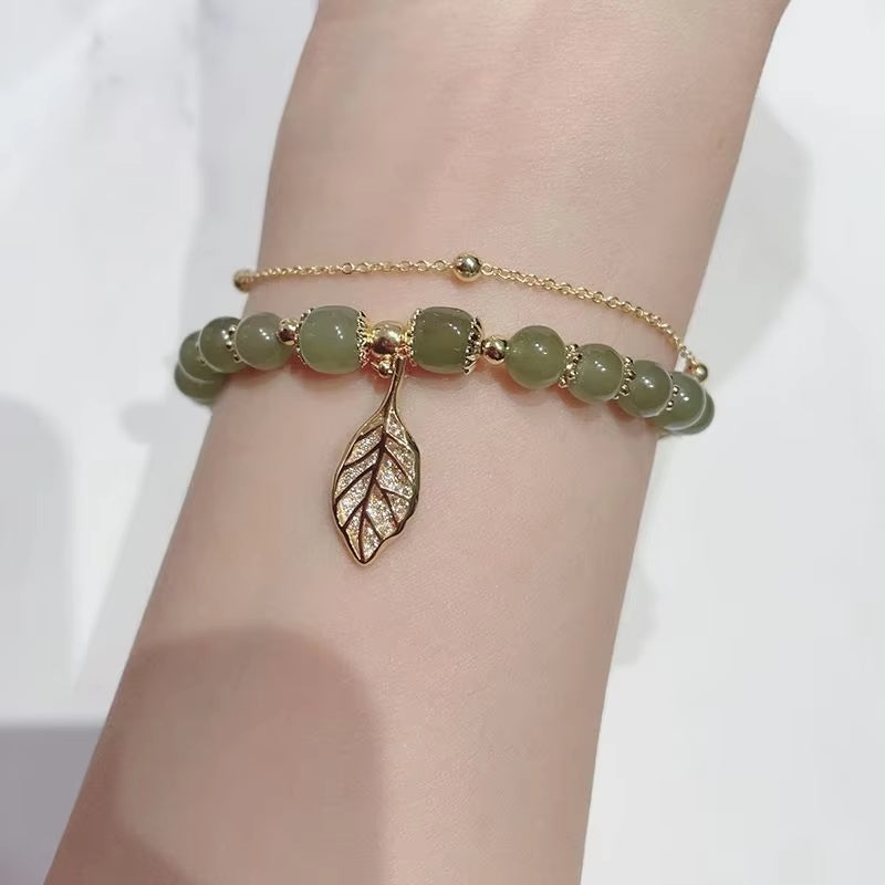 Bracelet Pierre Verte Pendentif Feuille