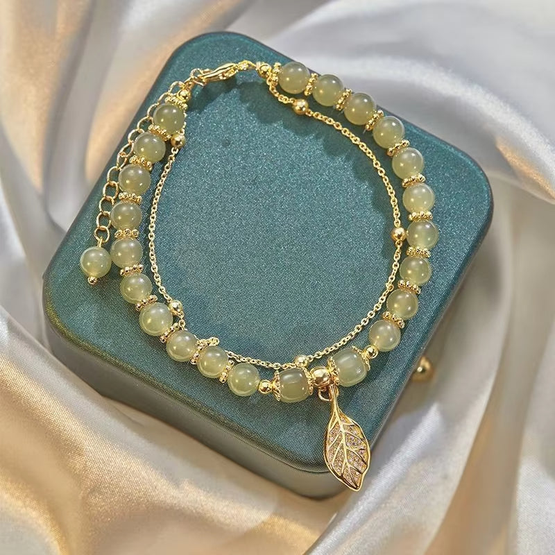 Bracelet Pierre Verte Pendentif Feuille