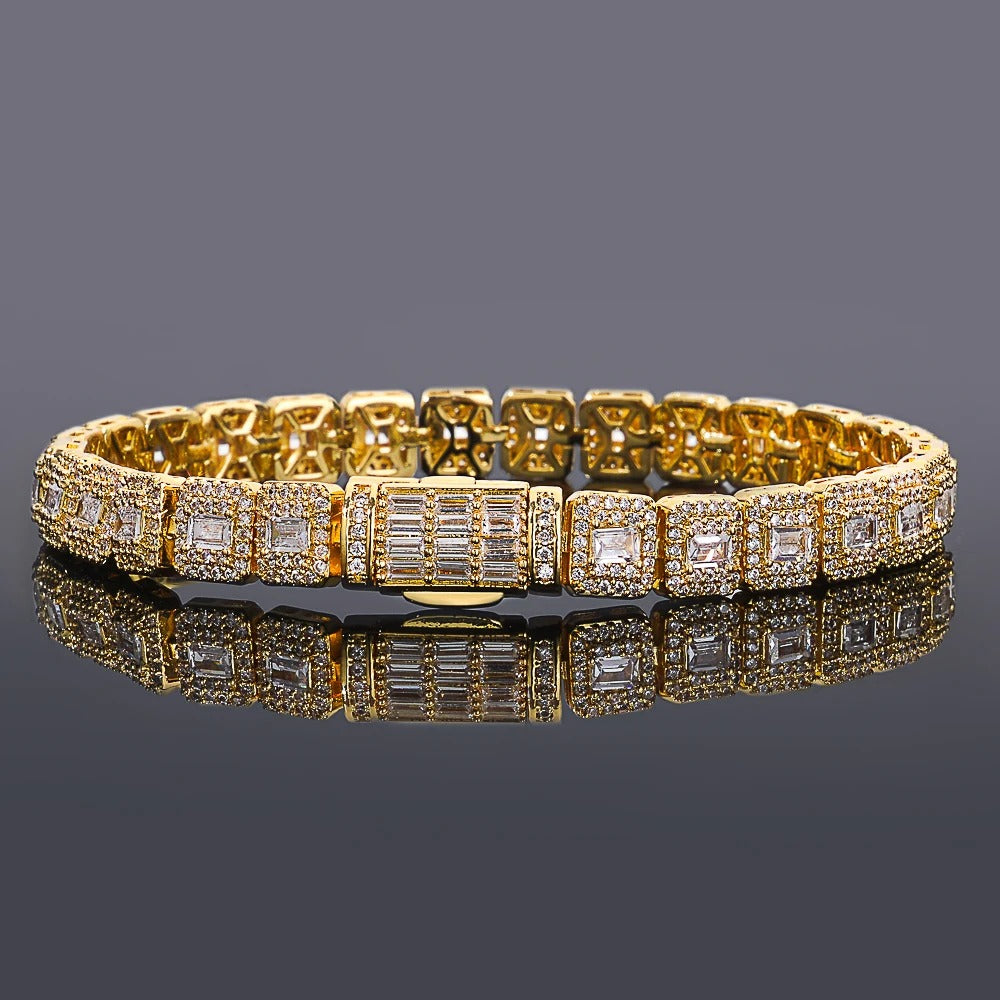 Bracelet Tennis Homme Doré Zircon Pavés Carrés