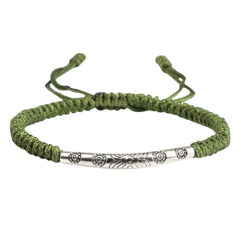 Bracelet Tibétain Barrette Argentée Cordon Tressé