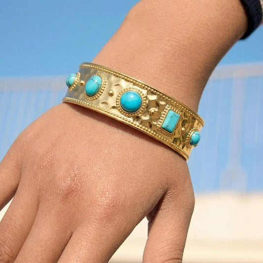 Bracelet Turquoise Femme Manchette Dorée Martelée - Acier Inoxydable