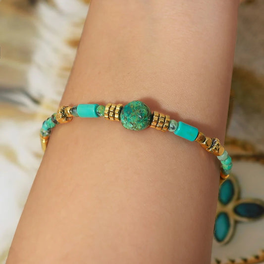 Bracelet Turquoise Femme Perles Facettées Dorées - Acier Inoxydable