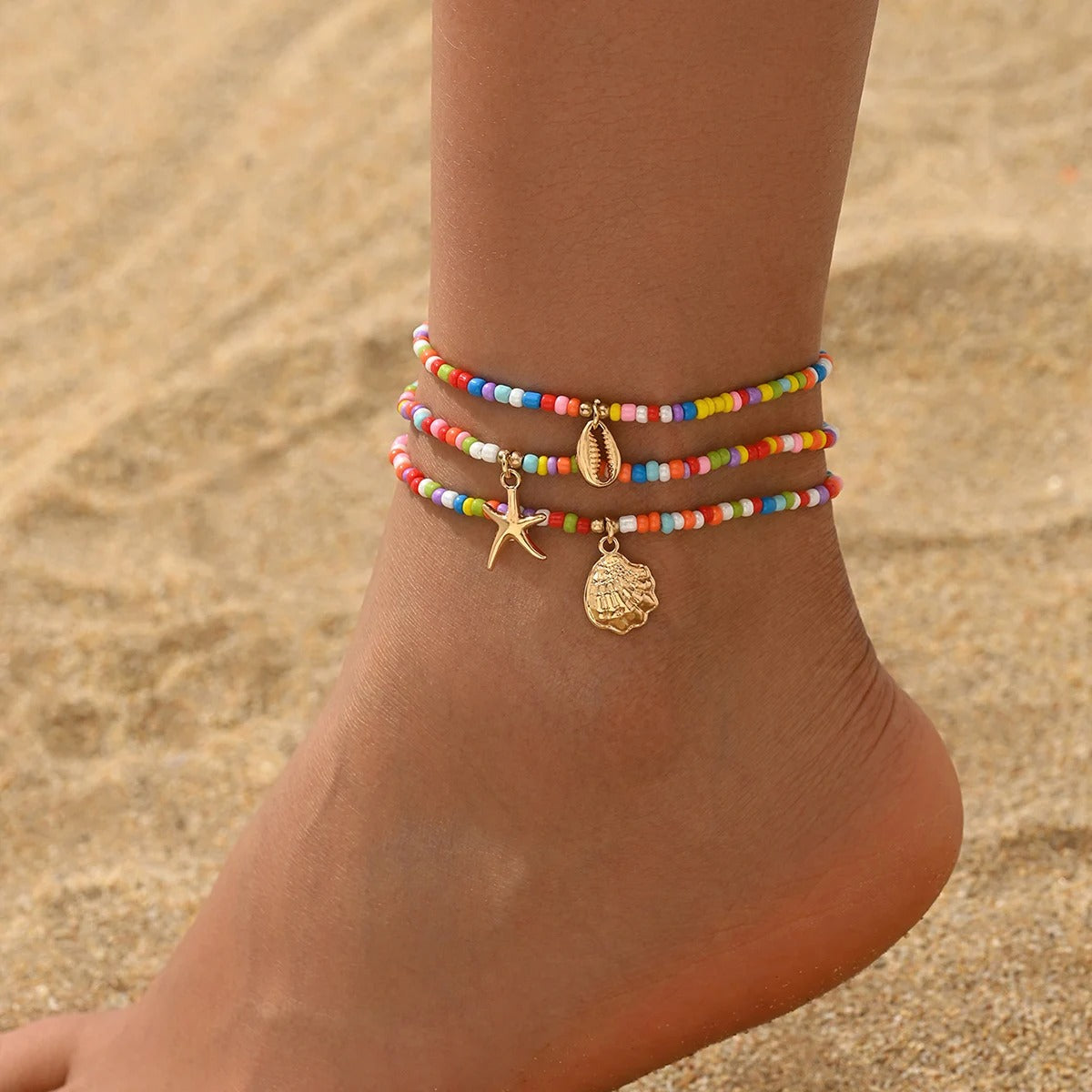Lot de 3 Bracelets Cheville Femme Perles Colorées