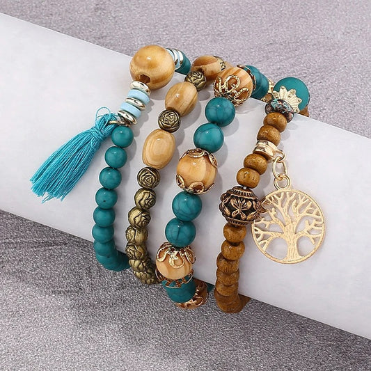 Lot 4 Bracelets Bois Femme Arbre De Vie Doré