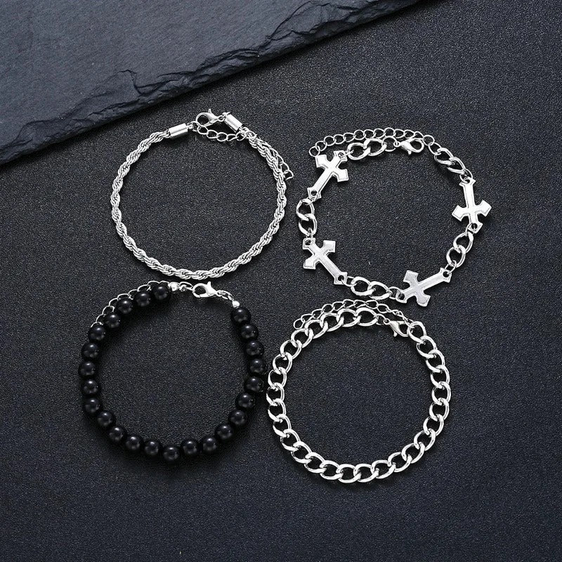 Lot 4 Pièces Bracelet Chaine Homme Argenté Et Perles Noires