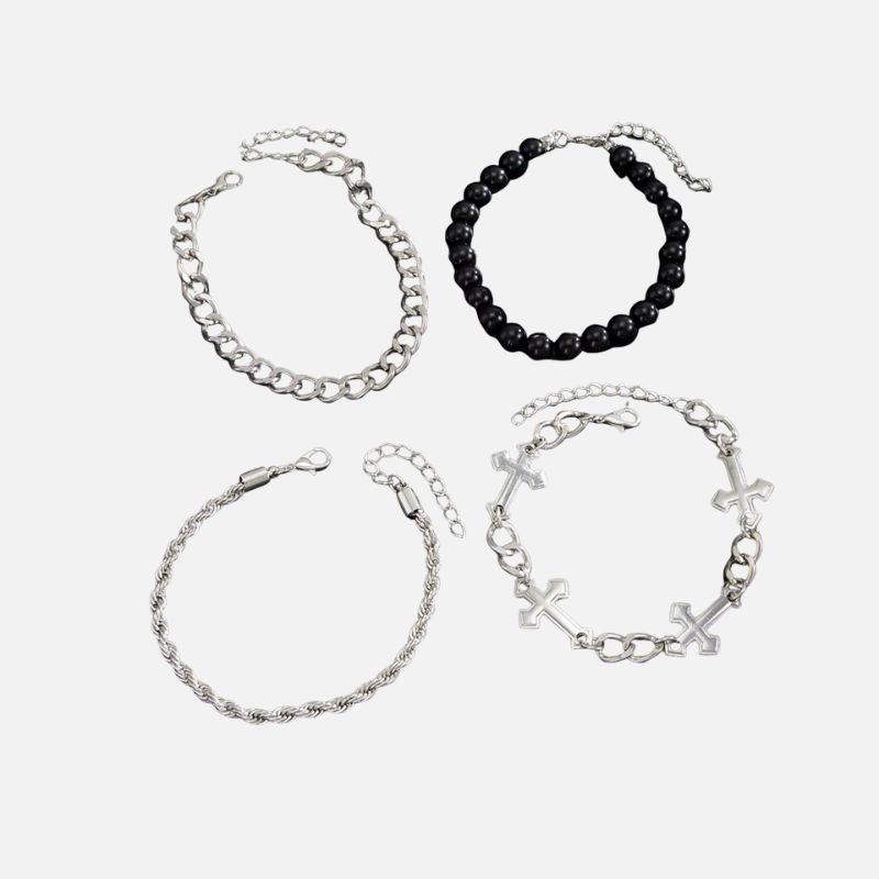 Lot 4 Pièces Bracelet Chaine Homme Argenté Et Perles Noires